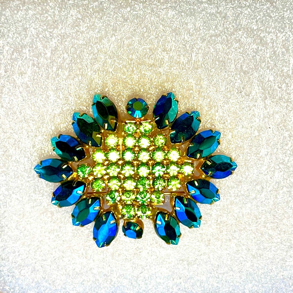 Vintage Brooch AB and Green Rhinestones